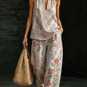 Gray-Blue Rose Print Halter Neck Wide-Leg Set
