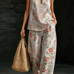 Gray-Blue Rose Print Halter Neck Wide-Leg Set