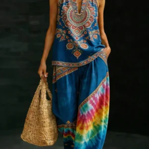 Tie-Dye Plus-Size V-Neck Wide-Leg Set