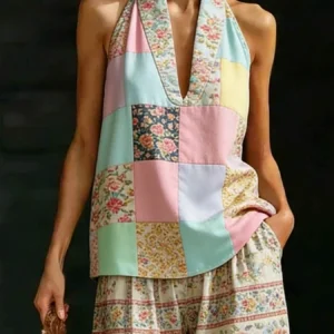 Patchwork Print Plus-Size V-Neck Wide-Leg Set