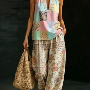 Patchwork Print Plus-Size V-Neck Wide-Leg Set
