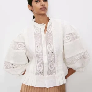 White Floral Embroidery Puff-Sleeve Boho Shirt