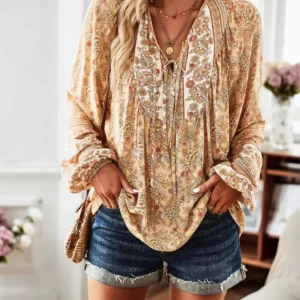 Floral Print V-Neck Long-Sleeve Boho Blouse