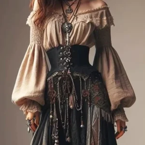 Off-Shoulder Lace Lantern Sleeve Boho Shirt