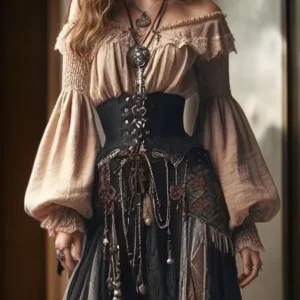 Off-Shoulder Lace Lantern Sleeve Boho Shirt