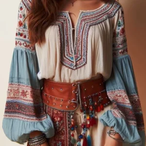 Floral Print Drawstring Lantern Sleeve Boho Shirt