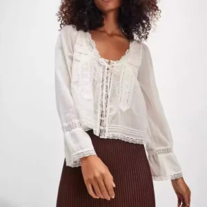 Cotton Lace Flare Sleeve Loose Boho Shirt