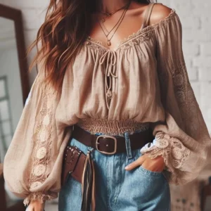 Off-Shoulder Lace-Up Lantern Sleeve Crop Shirt