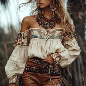 Printed Off-Shoulder Lantern Sleeve Boho Shirt