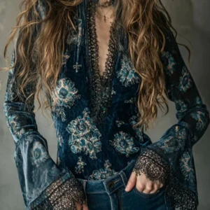 Lace V-Neck Floral Print Flare Sleeve Boho Shirt