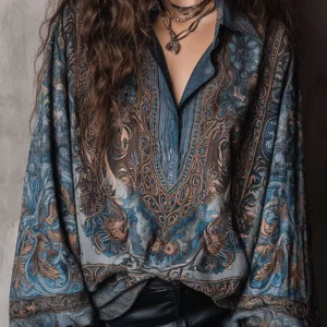 Retro Print Lantern Sleeve Loose Boho Shirt