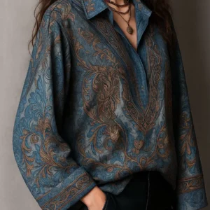 Retro Print Lantern Sleeve Loose Boho Shirt