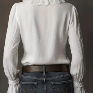 Lace Trim V-Neck Ruffled Cuff Long-Sleeve Boho Shirt