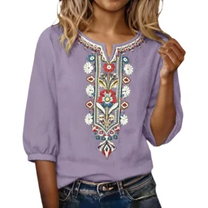 Vintage Embroidery Loose 3/4 Sleeve Boho Shirt