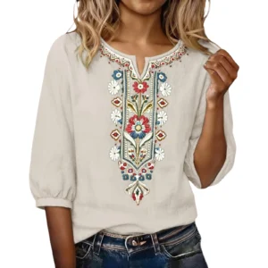 Vintage Embroidery Loose 3/4 Sleeve Boho Shirt