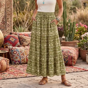 Bohemian Geo Floral High-Elastic A-Line Maxi Skirt with Tassel