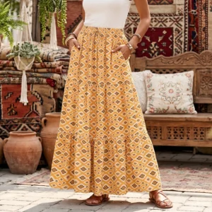 Bohemian Geo Floral High-Elastic A-Line Maxi Skirt with Tassel