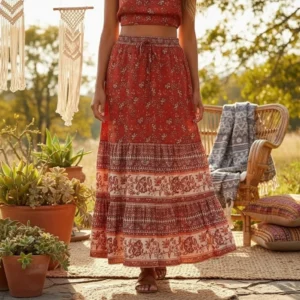 Bohemian Floral Peacock High-Elastic A-Line Midi Skirt with Lace-Up