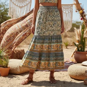 Bohemian Floral Peacock High-Elastic A-Line Midi Skirt with Lace-Up