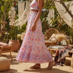 Bohemian Pink Floral High-Elastic A-Line Maxi Skirt with Lace-Up
