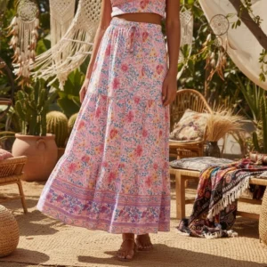 Bohemian Pink Floral High-Elastic A-Line Maxi Skirt with Lace-Up