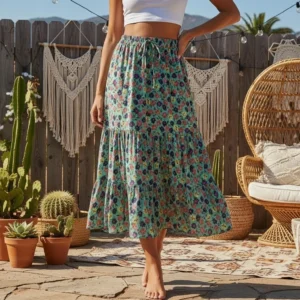 Bohemian Red Floral High-Elastic A-Line Maxi Skirt with Lace-Up