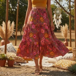 Bohemian Red Floral High-Elastic A-Line Maxi Skirt with Lace-Up