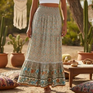Bohemian Floral High-Elastic A-Line Maxi Skirt with Lace-Up