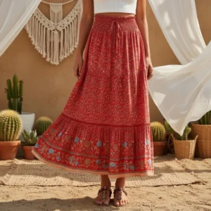 Bohemian Floral High-Elastic A-Line Maxi Skirt with Lace-Up