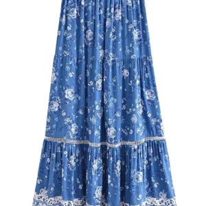 Bohemian Floral Pleated High-Elastic A-Line Maxi Skirt