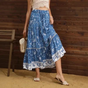 Bohemian Floral Pleated High-Elastic A-Line Maxi Skirt