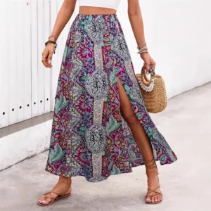 Retro Floral High-Waist Pleated A-Line Maxi Skirt