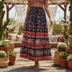 Vintage Floral Elastic Waist A-Line Maxi Skirt