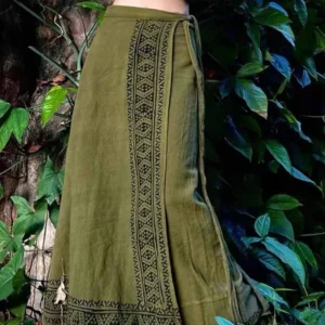 Mori Girl Print Cotton Linen High-Waist Lace-Up A-Line Midi Skirt