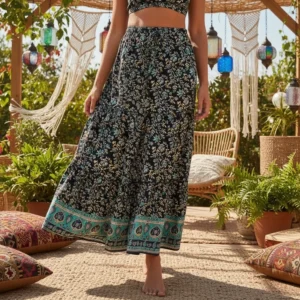 Vintage Floral Tassel Elastic Waist A-Line Maxi Skirt with Pockets