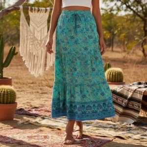 Vintage Floral Tassel Elastic Waist A-Line Maxi Skirt with Pockets
