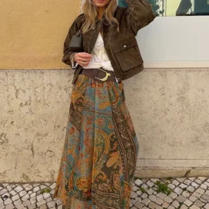 Vintage Print High-Waist Maxi Skirt with Wide Belt