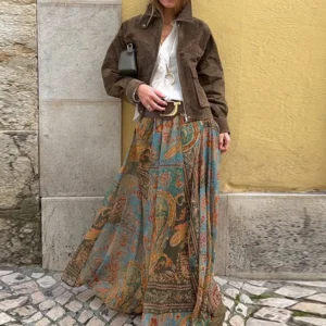 Vintage Print High-Waist Maxi Skirt with Wide Belt