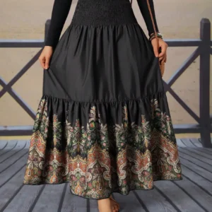 Smocked Waist Tiered Floral Print A-Line Maxi Skirt