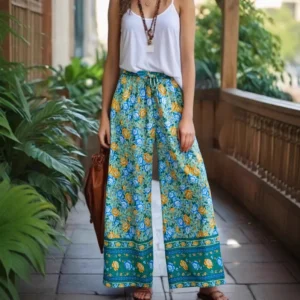 Floral Print Elastic-Waist Wide Leg Pants with Sash