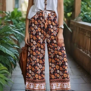 Vintage Floral Drawstring Wide Leg Pants with Sash