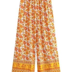 Vintage Floral Drawstring Wide Leg Pants with Sash