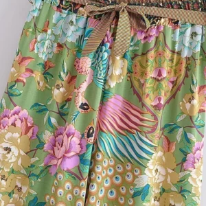 Peacock Floral Elastic-Waist Wide Leg Pants with Sash