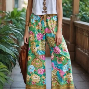 Peacock Floral Elastic-Waist Wide Leg Pants with Sash