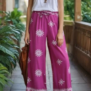 Floral Elastic-Waist Wide Leg Pants with Pockets and Sash