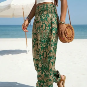 Green Floral Smocked Waist Wide Leg Capris