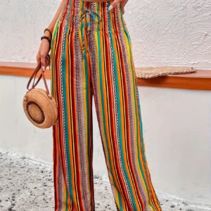 Striped High-Waist Drawstring Wide Leg Pants